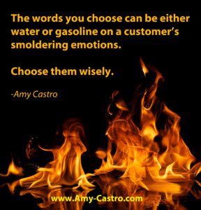 the words you choose can be either water or gasoline on a customer's emotions. Choose them wisely. www.amycastro.com customers
