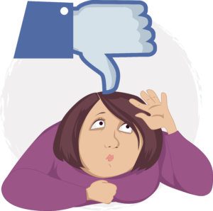 Cartoon of a woman getting a facebook thumbs down indicating unprofessional comments